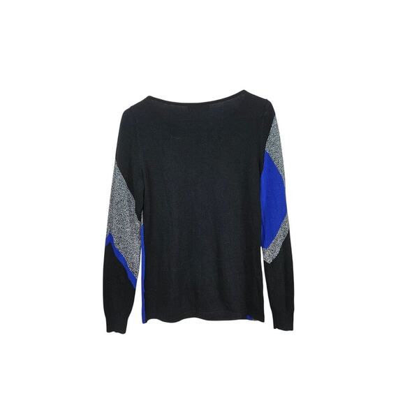 Jones New York Abstract Colorblock Blue/Black/Silver Metallic Wool Sweater Sz S - Picture 2 of 6